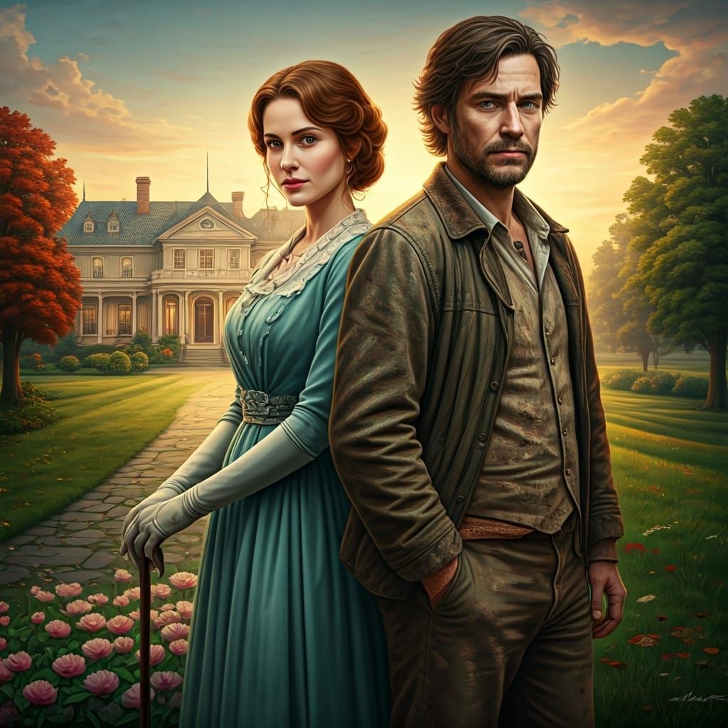 Elegant Woman and Rustic Man in Rockwell Style