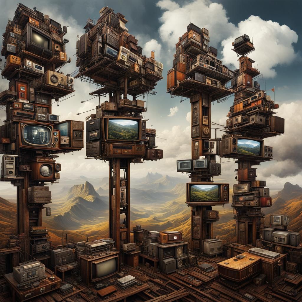 Dystopian Steampunk TV Screen Mountain, Digital Matte Painti...