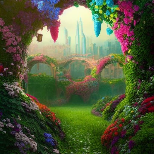 Detailed Matte Painting of a Vibrant Flower Garden