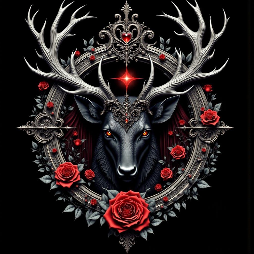 Gothic Stag with Roses and Angelic Aura