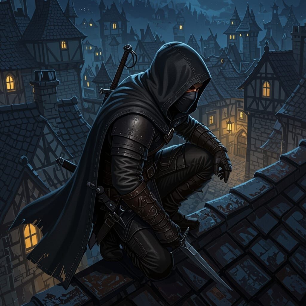 Stealthy Rogue Thief on Medieval Rooftop at Night