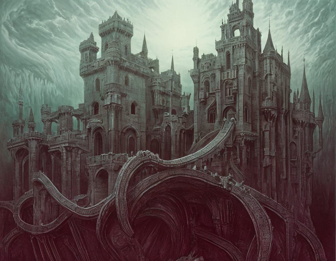Surreal Castle with Moats in Dreamlike Dark Style