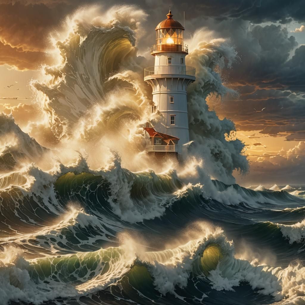 Tsunami Waves Crash Against Ghostly White Lighthouse