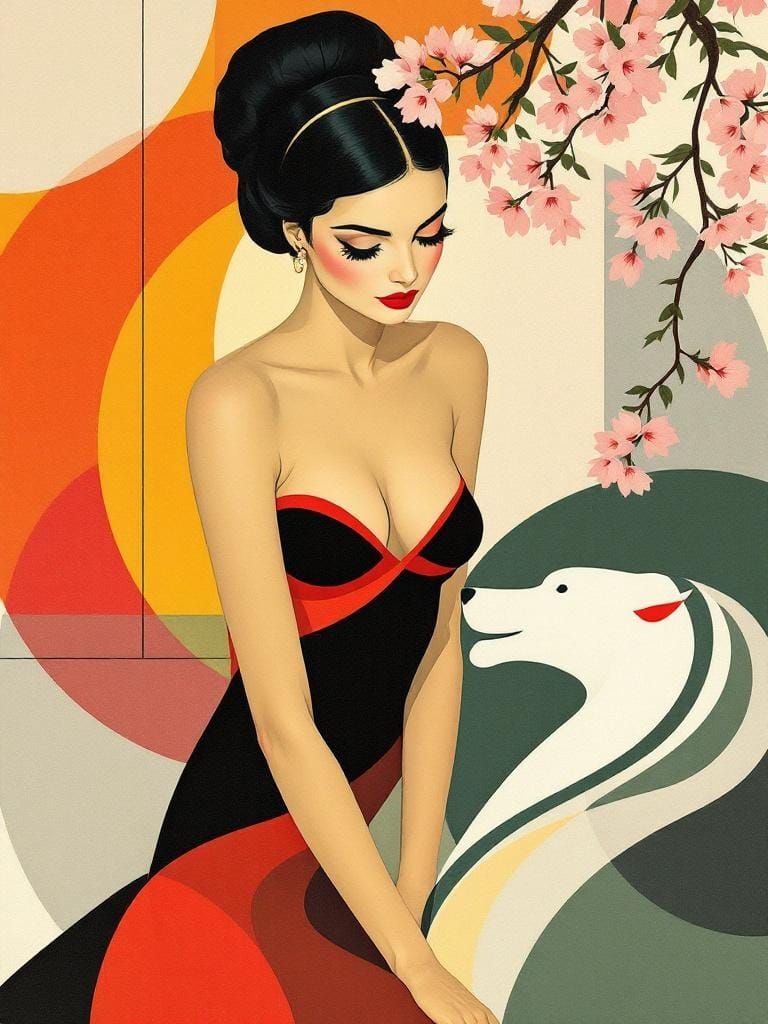 Geometric Pin-Up Fusion in Vintage Garden Scene