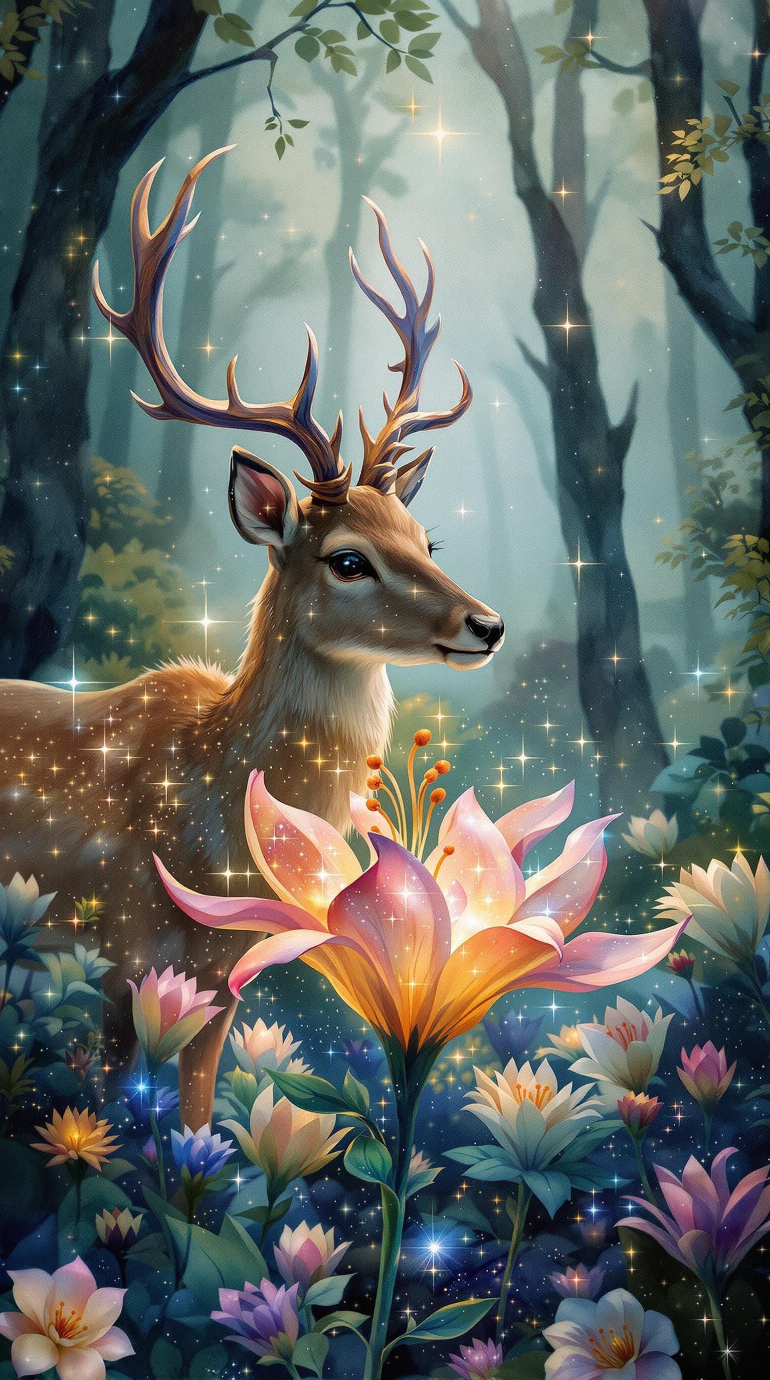 Deer Smelling Cosmic Lily in Watercolor Woodland