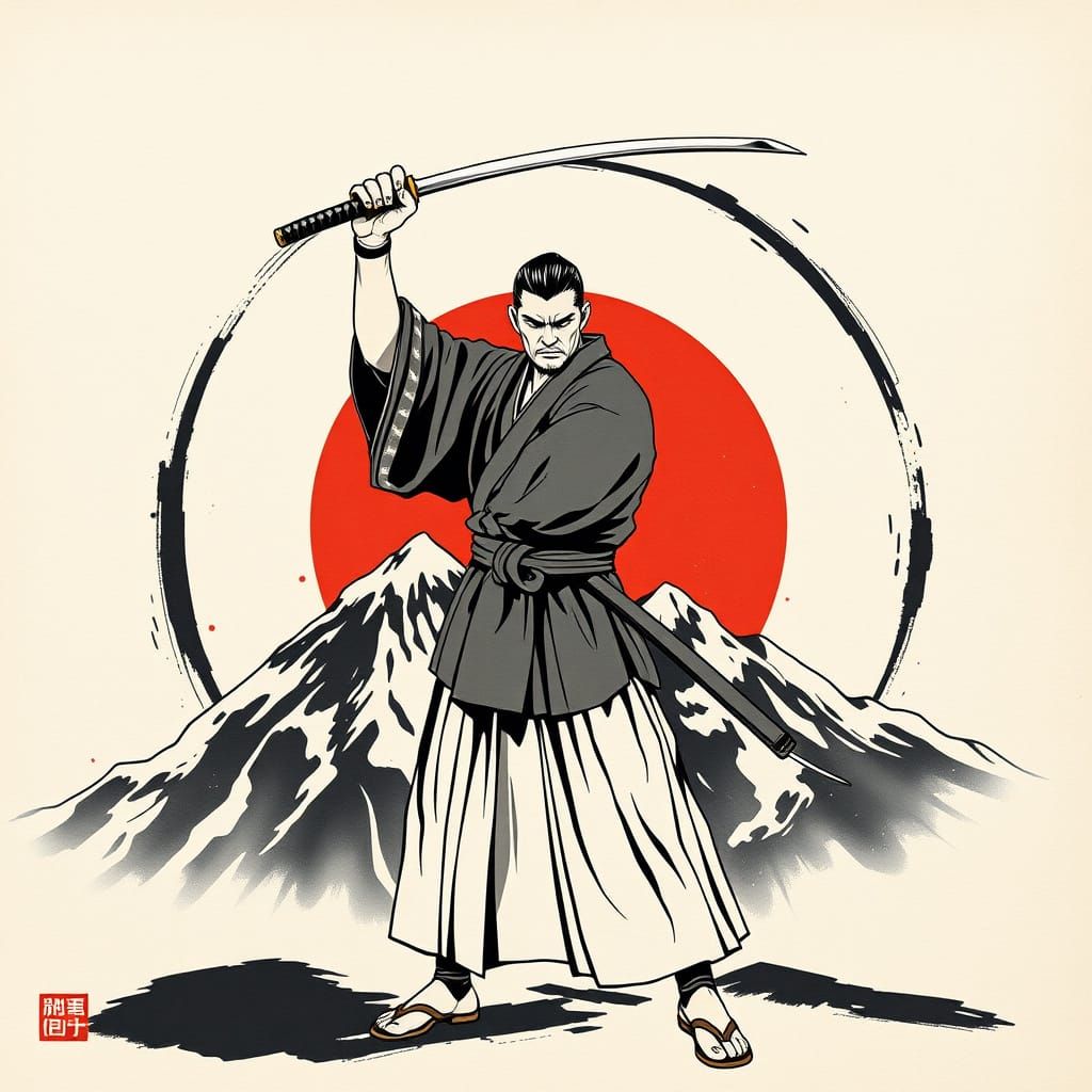 Majestic Kendo Master in Shodan Guard, Japanese Ink Brush Dr...