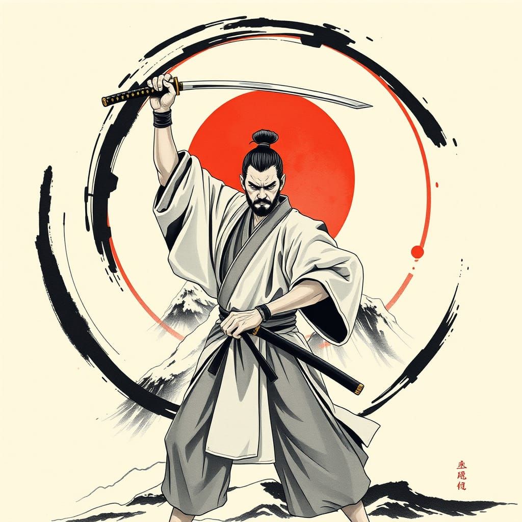 Stoic Kendo Master in Shodan Guard, Embodied with Power and ...