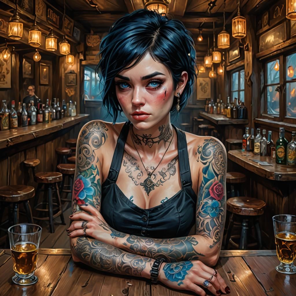 Arcane Style Woman with Tattoos in Tavern
