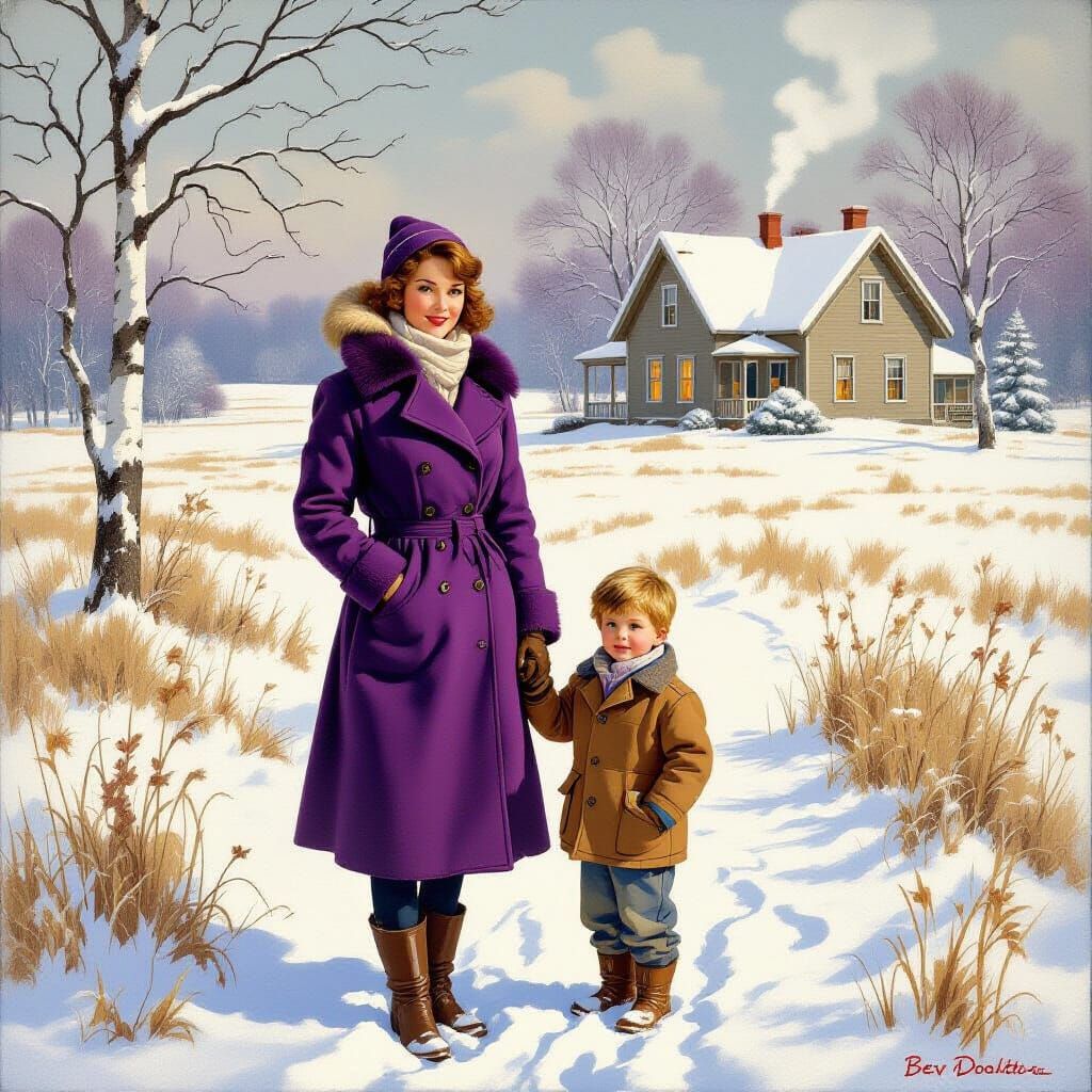 Woman and Boy on Winter Prairie, Rockwell Style