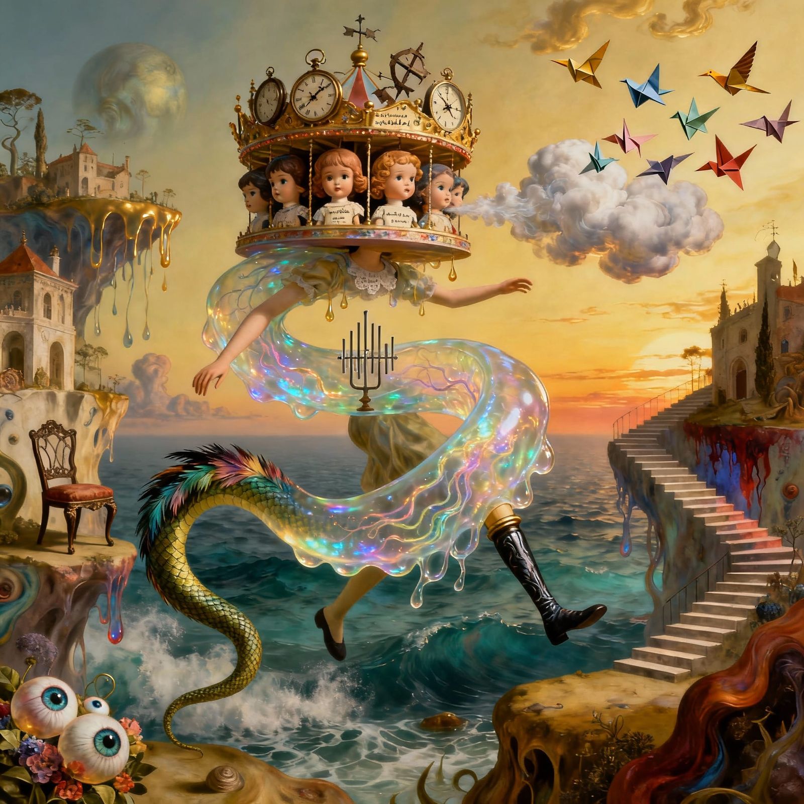 Surreal Jelly Creature with Doll Faces in Dali Dreamscape