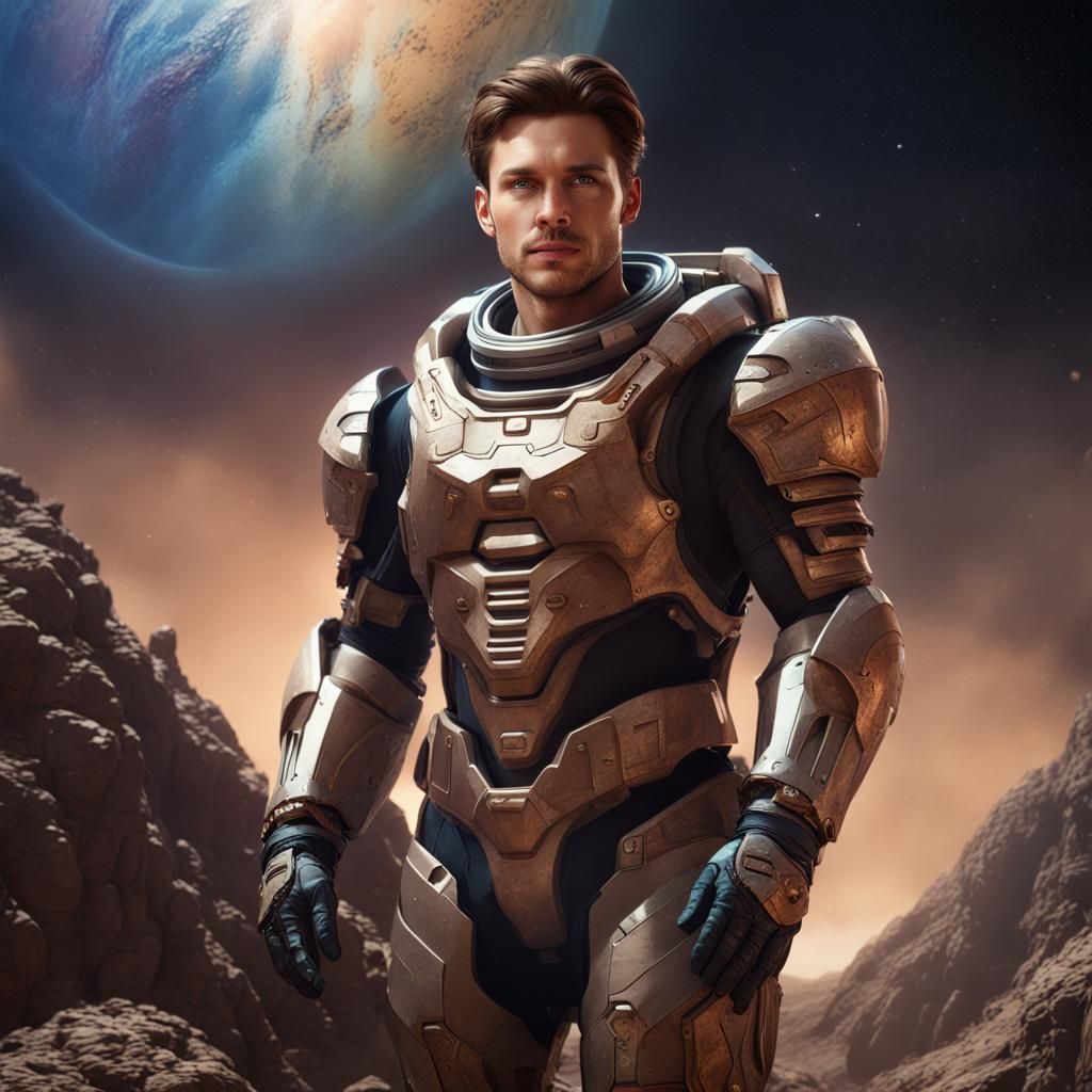 Handsome Armored Man on Asteroid: Digital Matte Painting