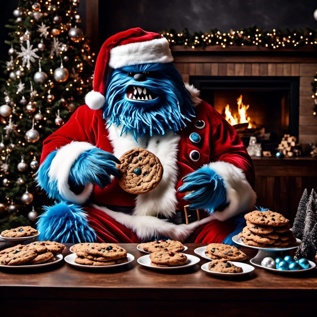 Humorous Cookie Monster Chewbacca Santa Cartoon
