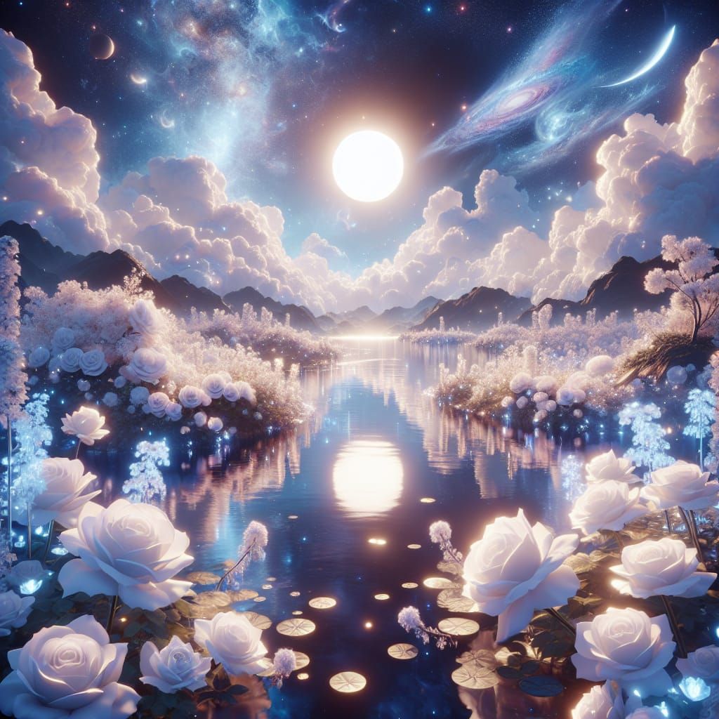 Ethereal Lake: 3D Anime Art with Cosmic Sky