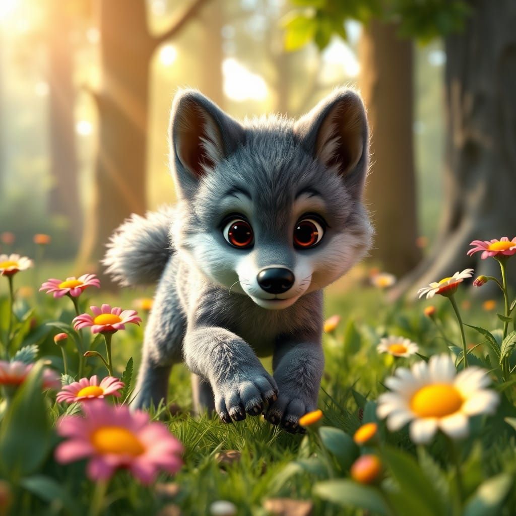 Whimsical Gray Wolf Chases Wildflowers in a Vibrant Forest