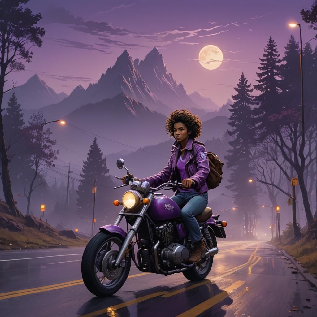 Woman on Motorbike in Neo-Futuristic Landscape