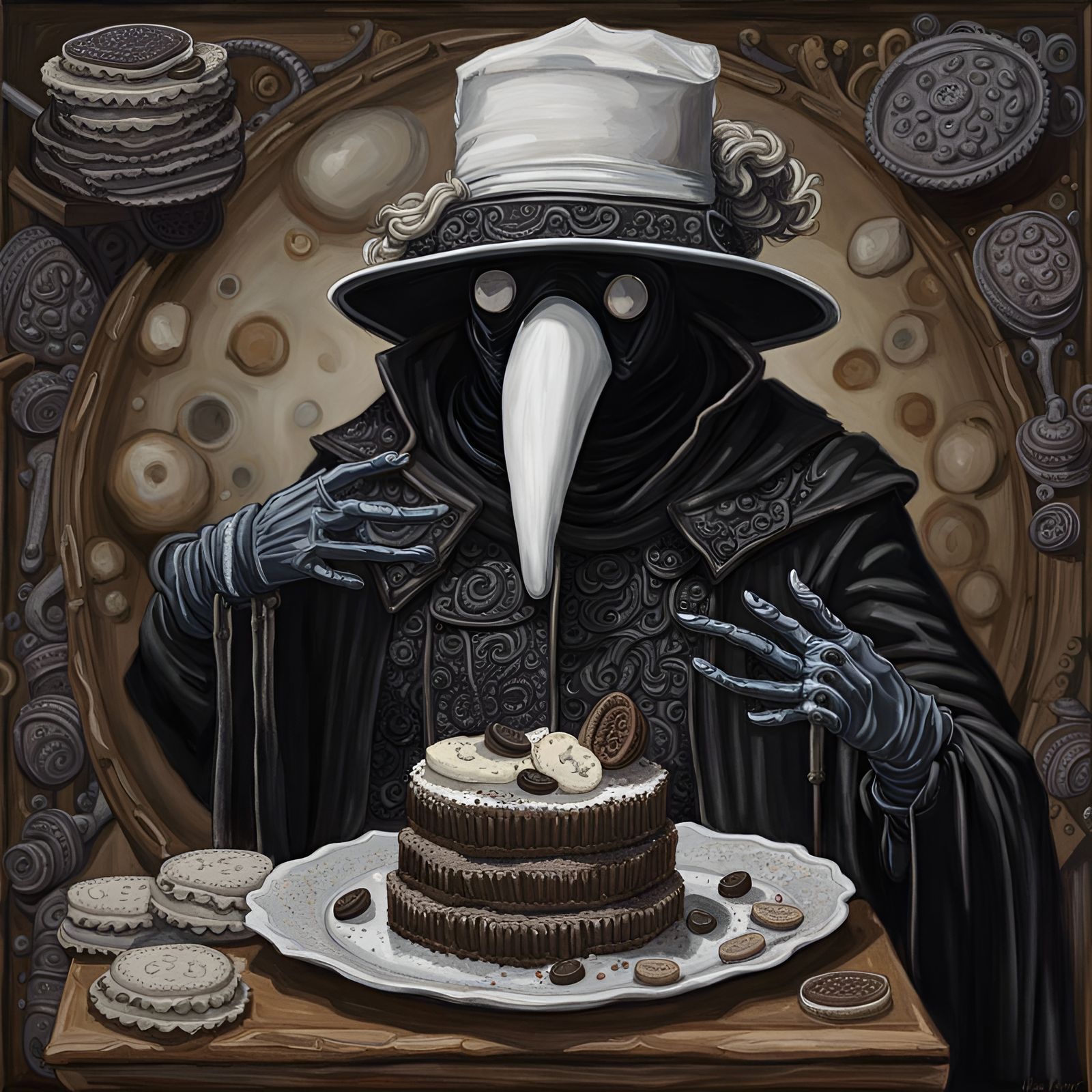 Oreo Cookie Plague Doctor in Oil Painting Style
