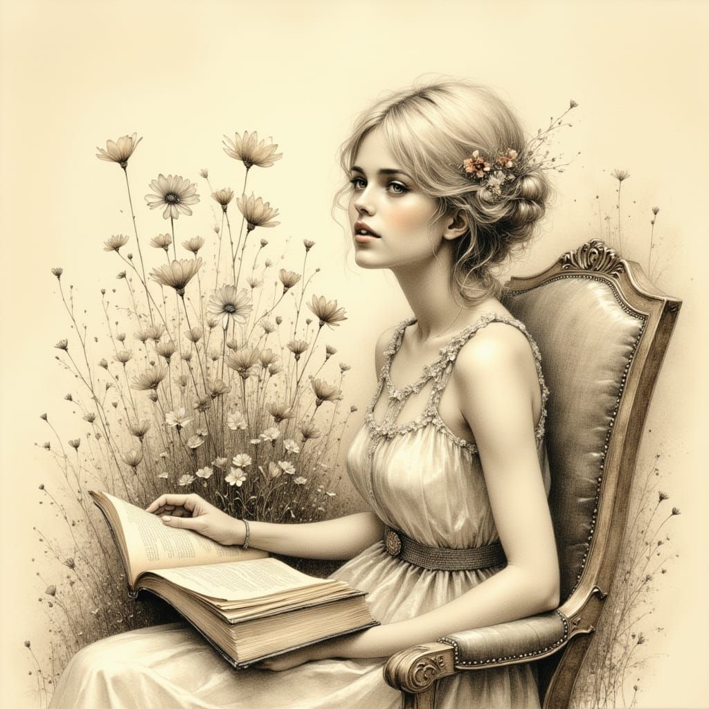 Surreal Illustration of Woman Reading with Growing Flowers