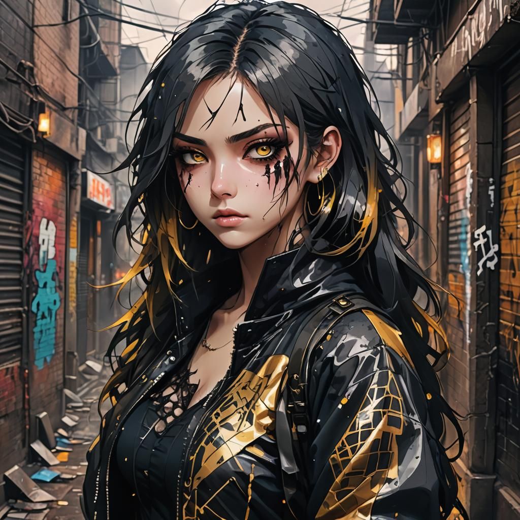Dark Anime Portrait of a Severe Woman in City Alley