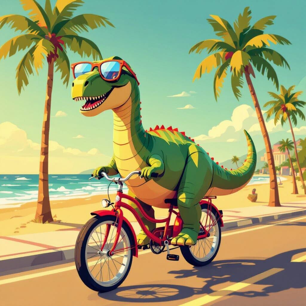 Brontosaurus Rides Bicycle on Beach Boardwalk in Low-Poly St...