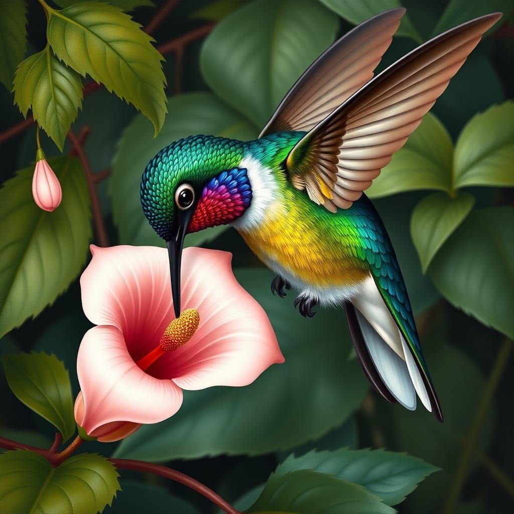 Vibrant Hummingbird Feeds on Ipomoea Flower in Tropical Para...