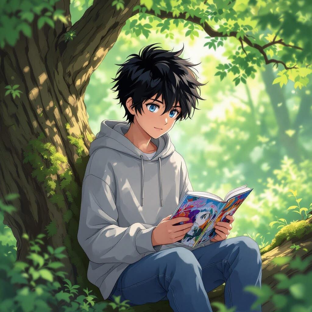 Teenager Reading Manga in Forest, Anime Style