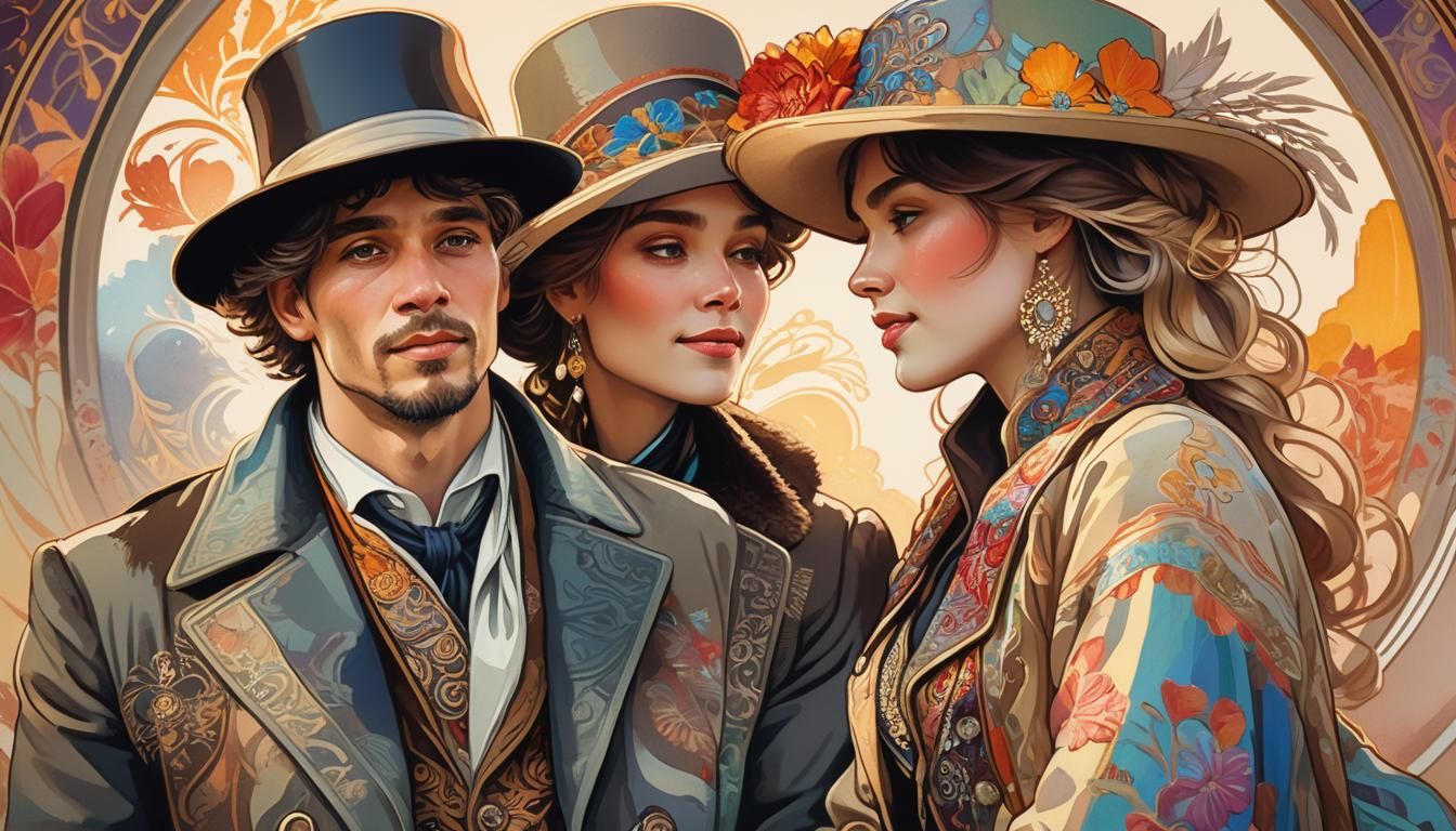 Woman on Bench in Art Nouveau Watercolor Style