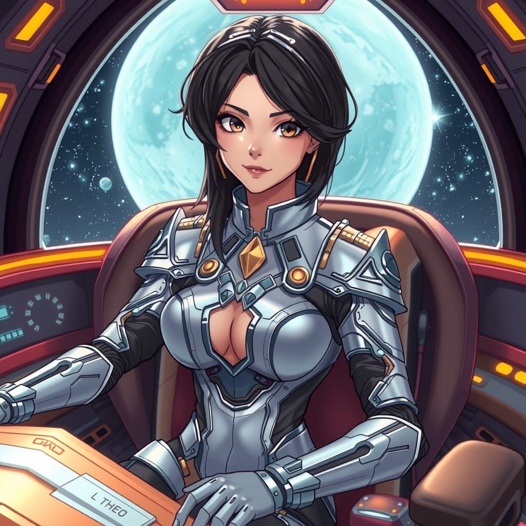 Anime-Style Alien Captain in Spaceship Command Center
