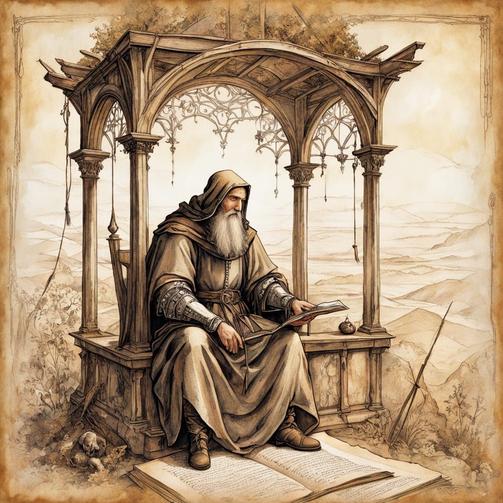 Classical Knight in Dreamlike Landscape with Delicate Lace a...