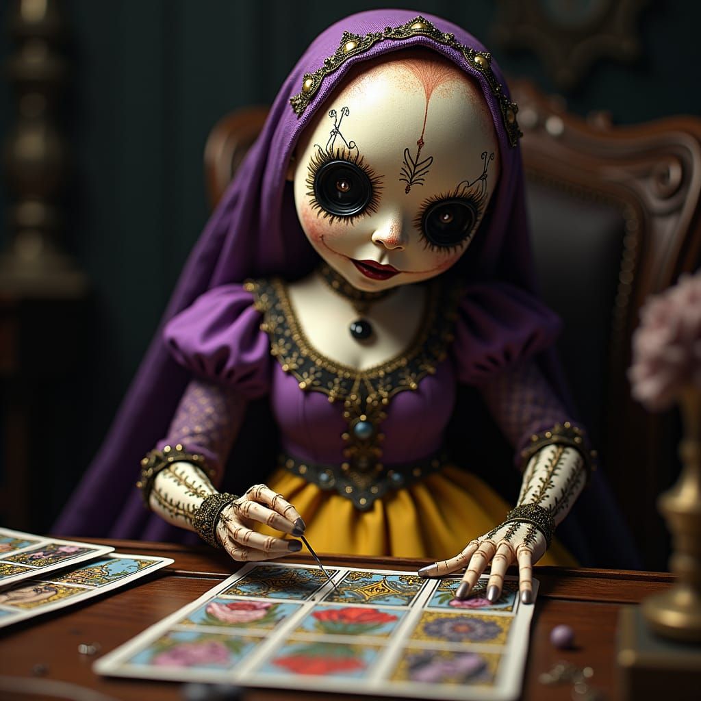 Voodoo Doll Reads Tarot in Art Nouveau Style
