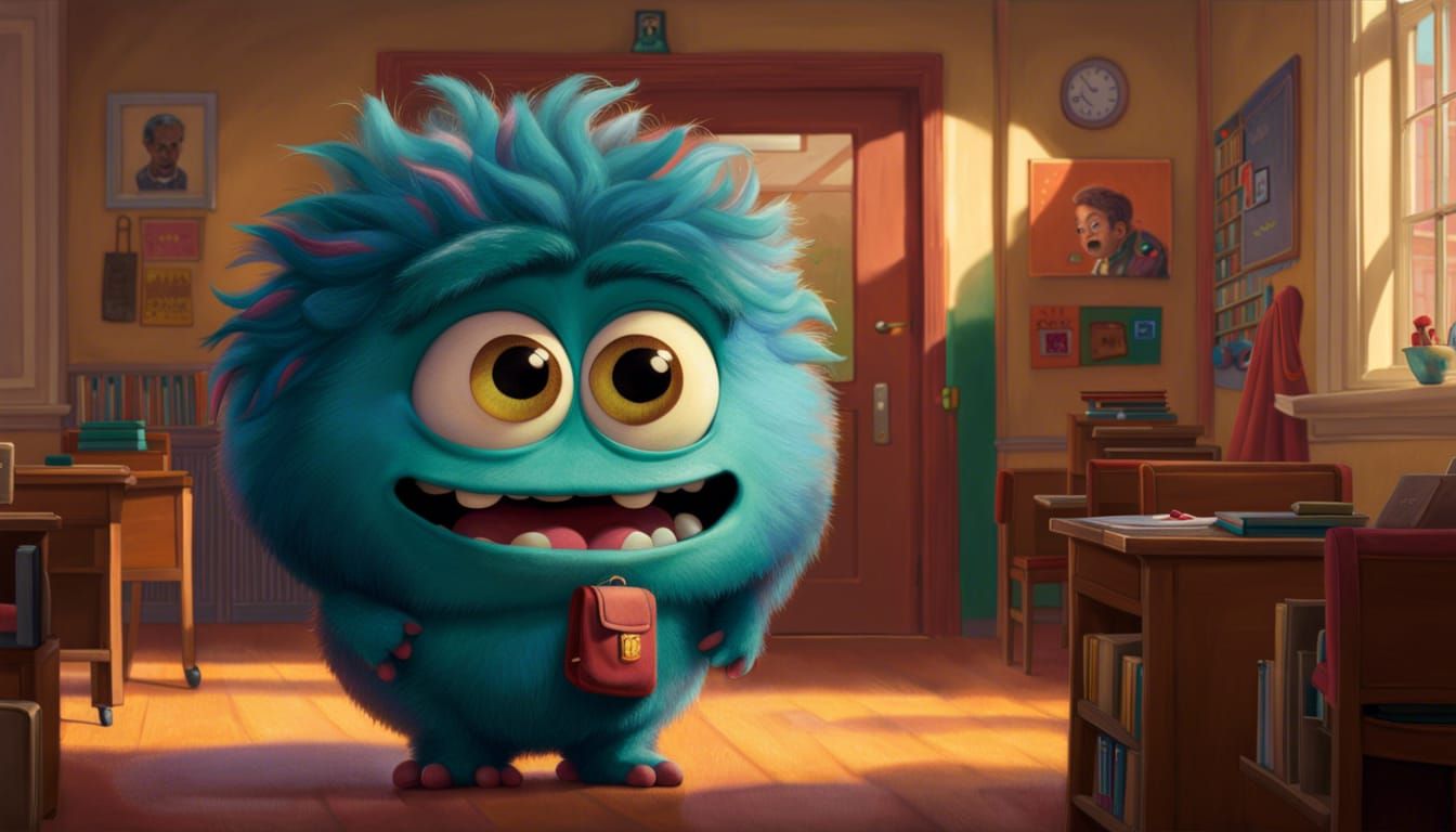 "Studio Pixar. Disney. Cute three eyed fluffy monster wearing school uniform having its first day at school. School full...