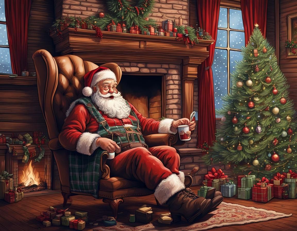 Relaxing Santa Claus by Fireplace in Plaid