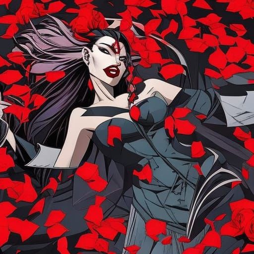 Clawed tub full of cow milk. Red rose petals and blood drops all over tiles. Blood dripping everywhere. Vampire goth co...