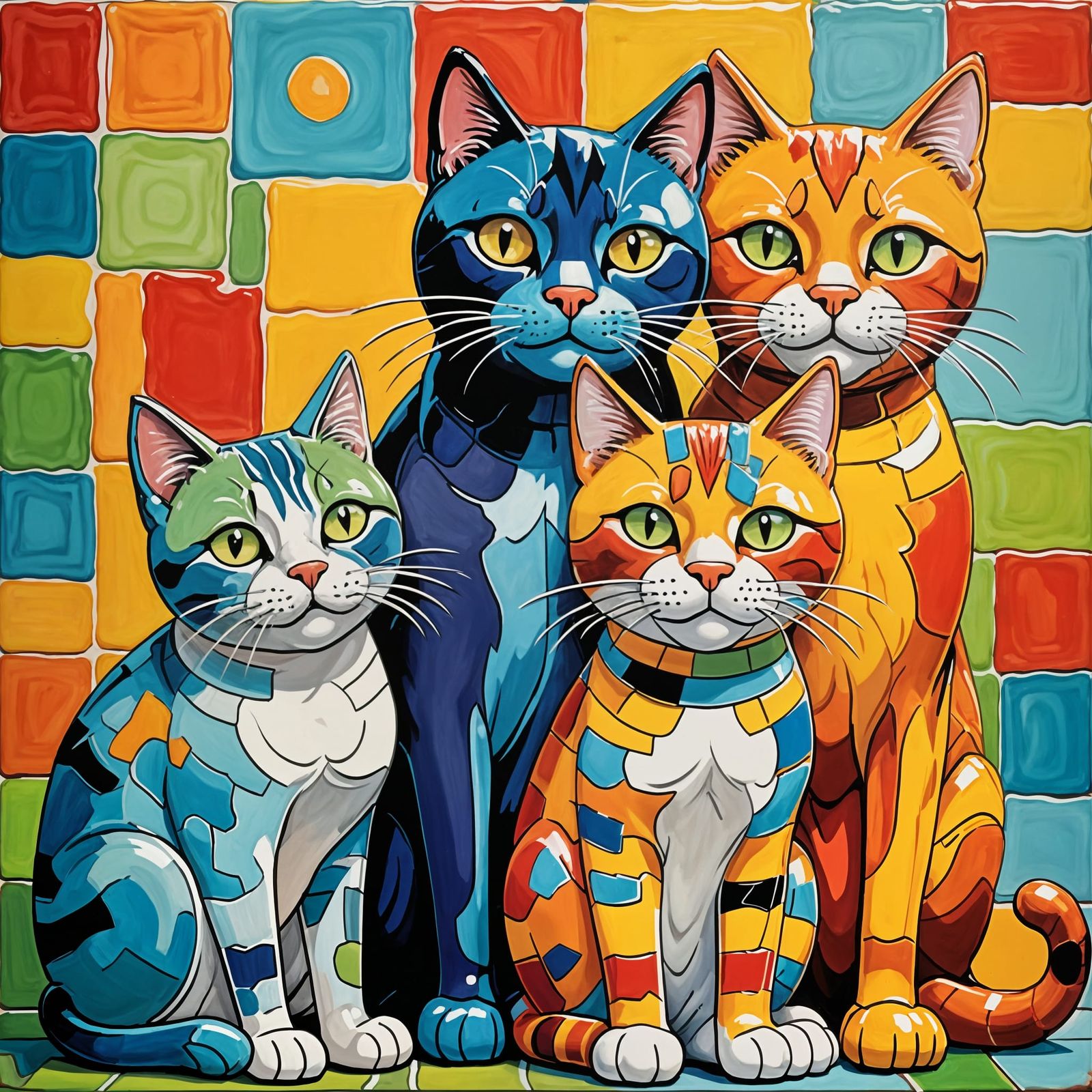 Playful Cartoon Cats Totem Mural in Hand-Painted Ceramic Sty...