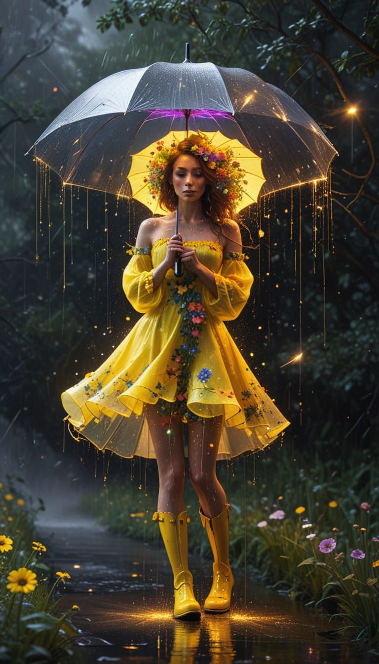 Hyperrealistic Wildflower in Electric Dress with Umbrella
