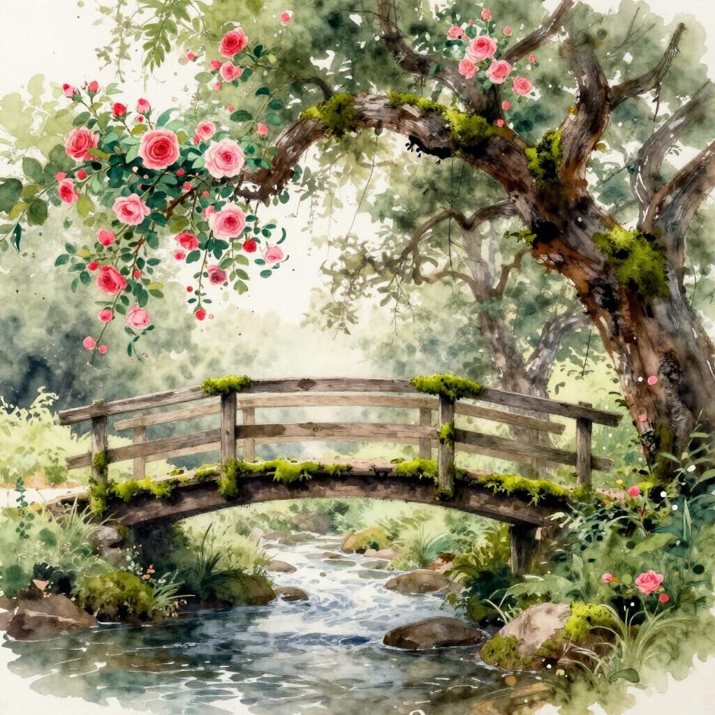 Mossy Wooden Bridge Over Stream in Bloom