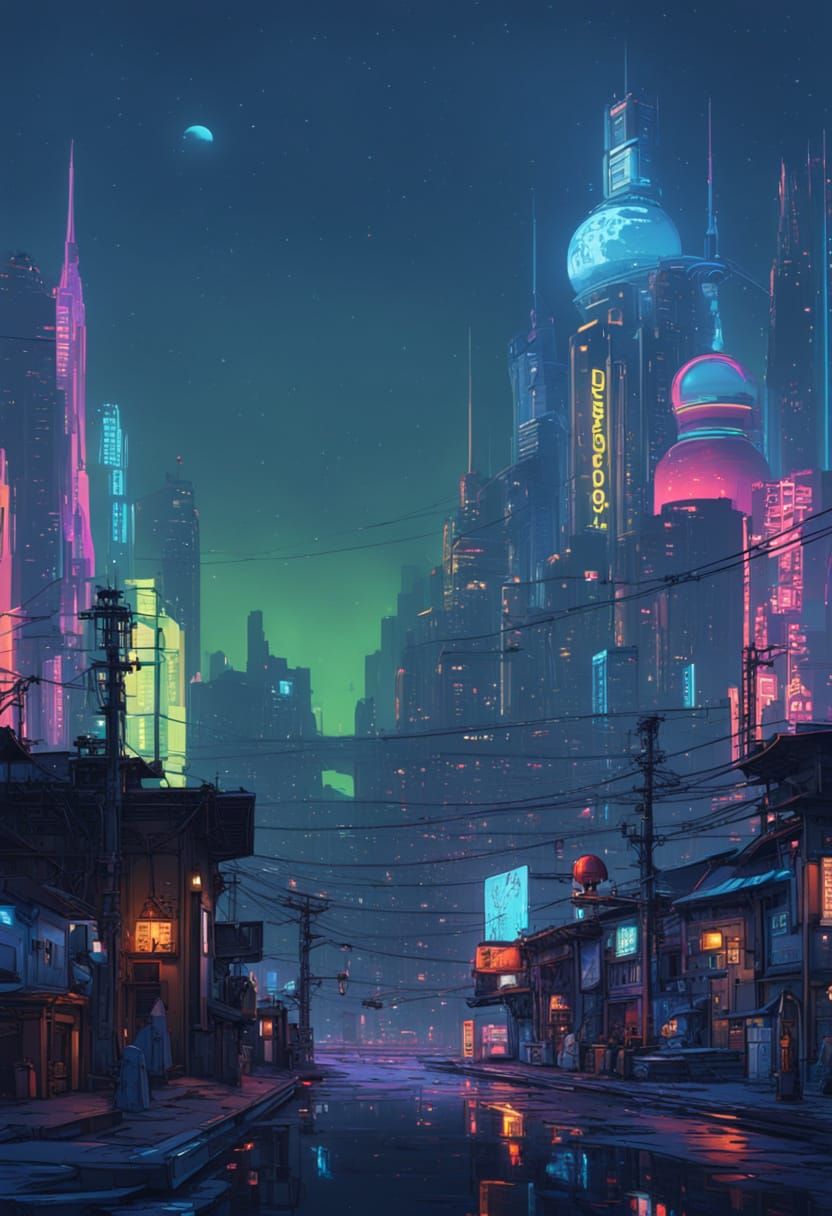 Cyberpunk Cityscape at Night with Neon Lights and Flying Car...