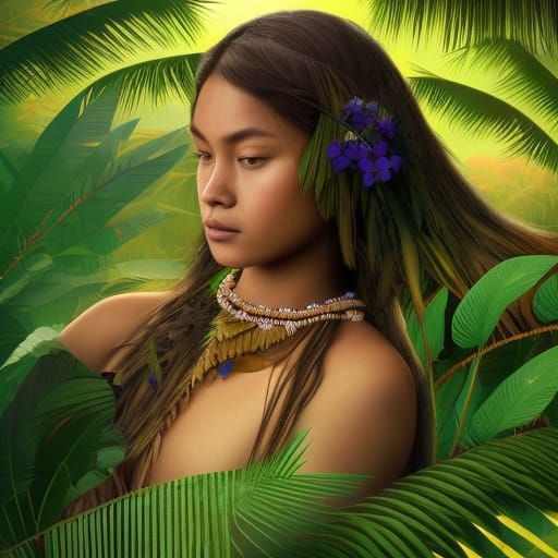 Polynesian Girl Collecting Flowers: Fantasy Concept Art
