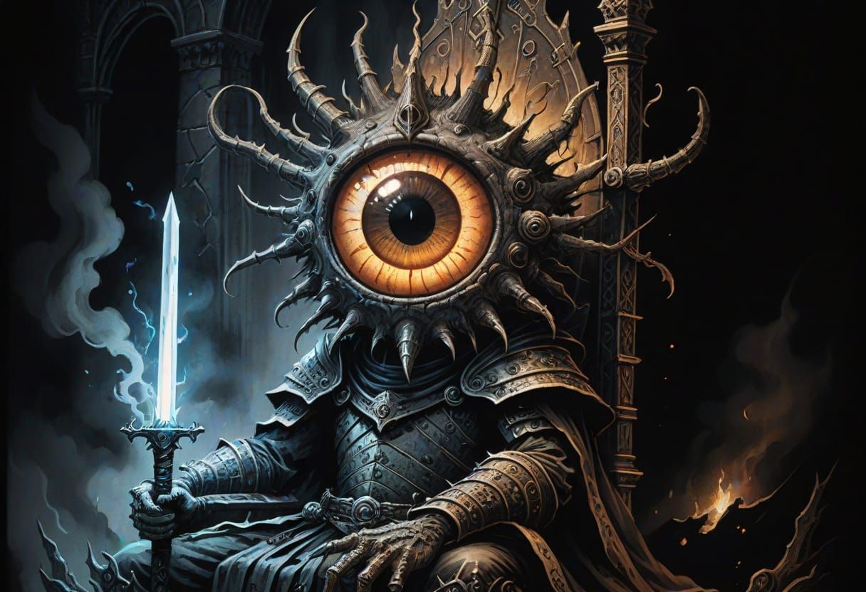 Beholder King on Throne: Ink Wash Fantasy Art