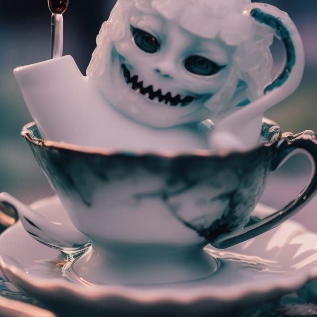Terrifying Ice Statue in Teacup, Detailed Horror Art