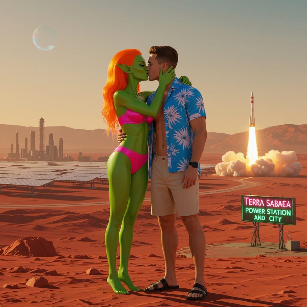 Attractive Green Alien Woman with Orange Hair on Mars