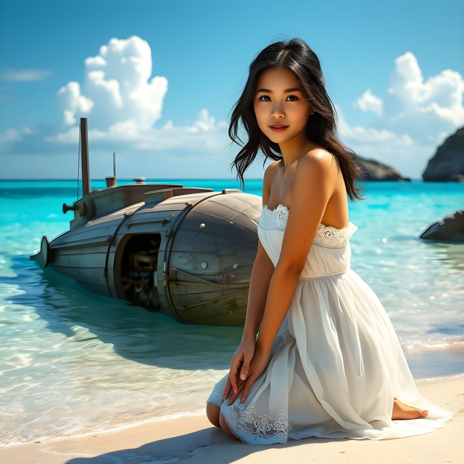 Asian Woman on La Digue Beach with Steampunk Submarine