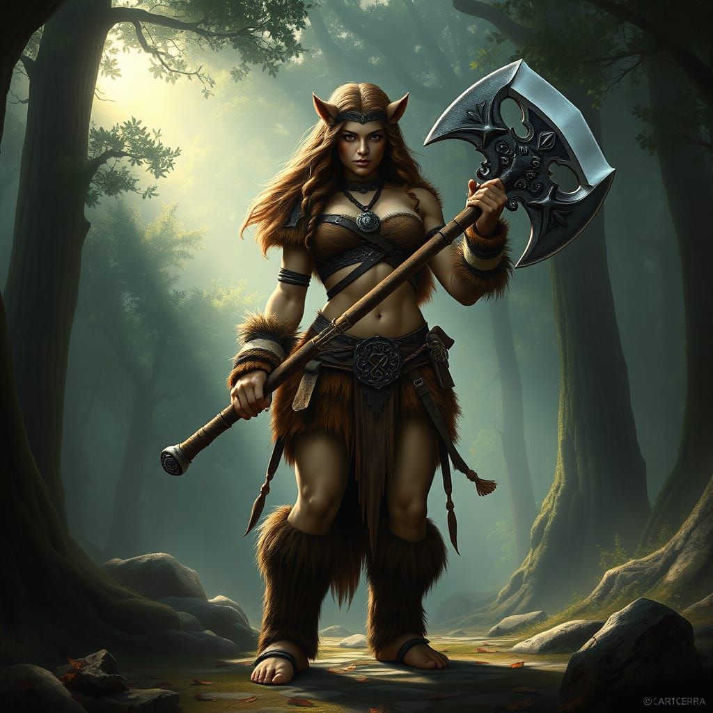 Fierce Half-Elf Barbarian Woman in Misty Forest