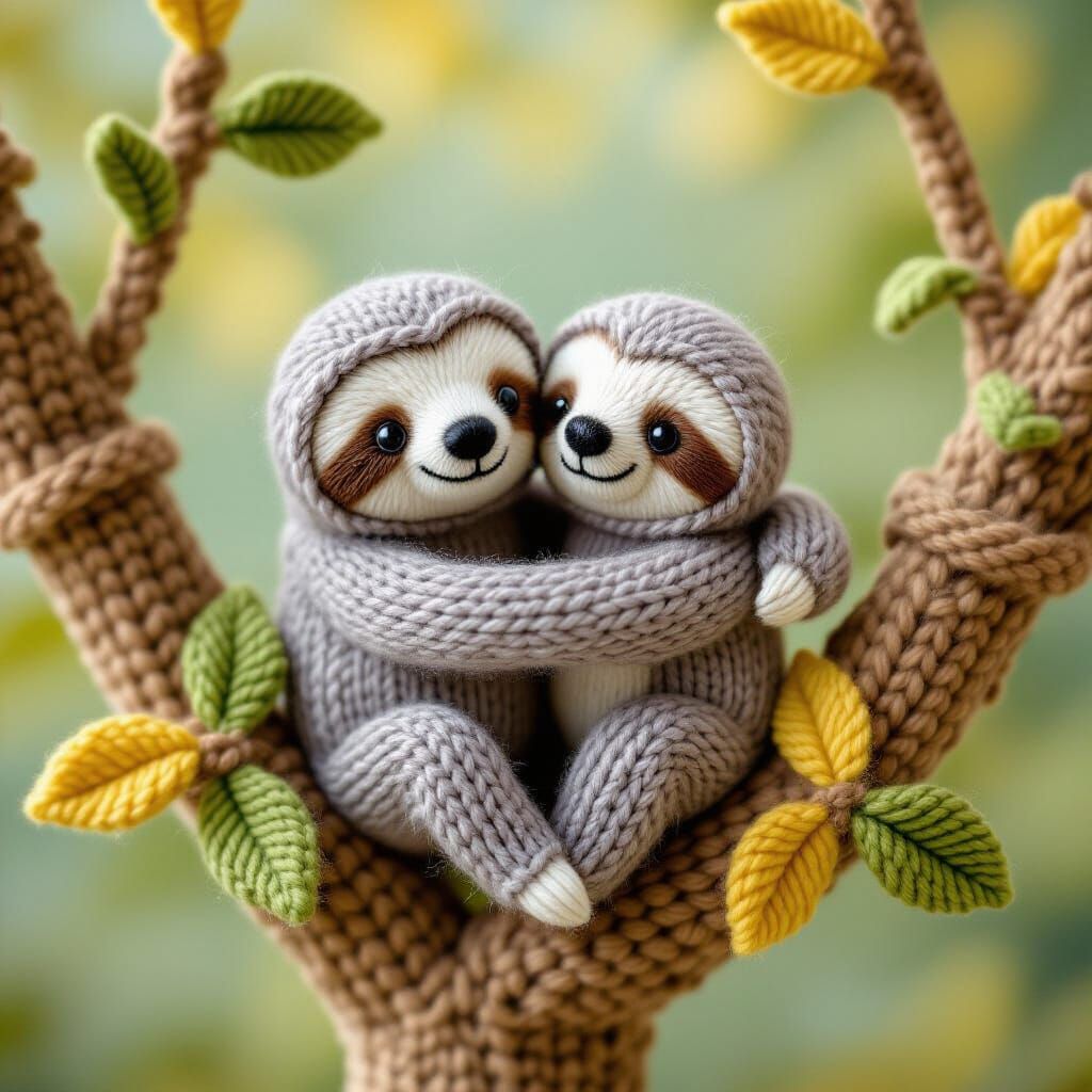 Knitted Sloth Family Hugging on Tree Branch