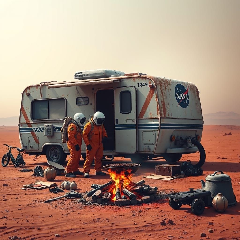 Astronauts Grill on the Martian Barren Landscape