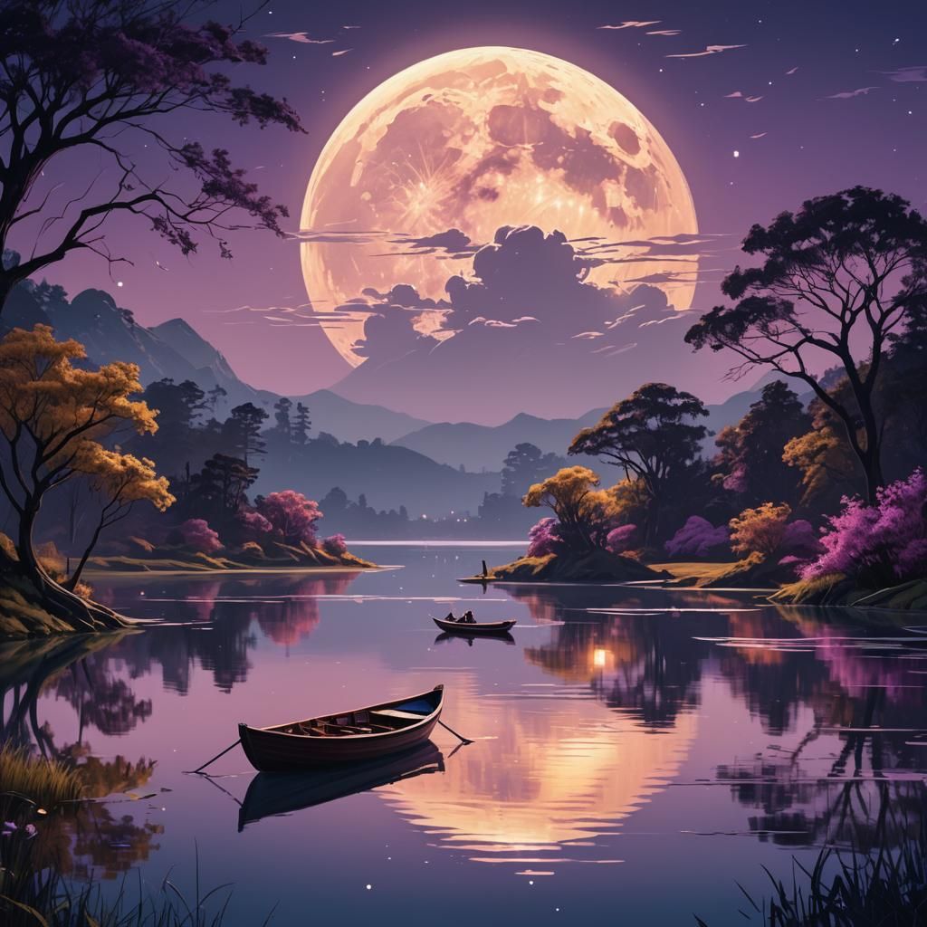 Moonlit Rowboat on Tranquil Lake: Digital Matte Painting