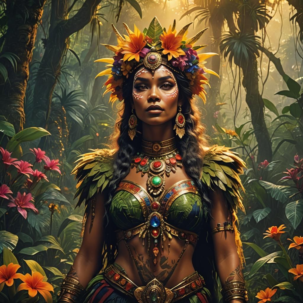 Tribal Queen in Jungle with Gemstones, Fantasy Art