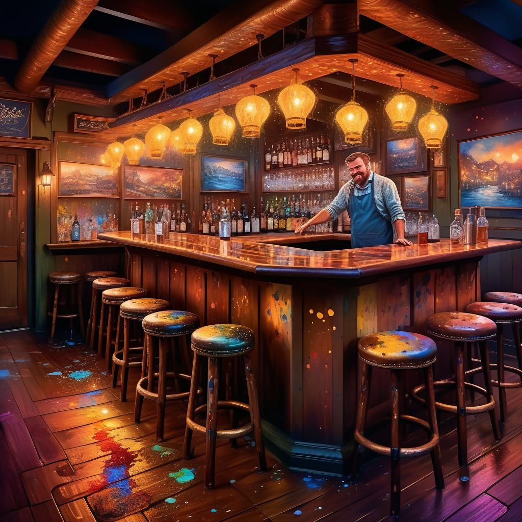 Dog Enters Bar with Radiant Light and Ink Splatters