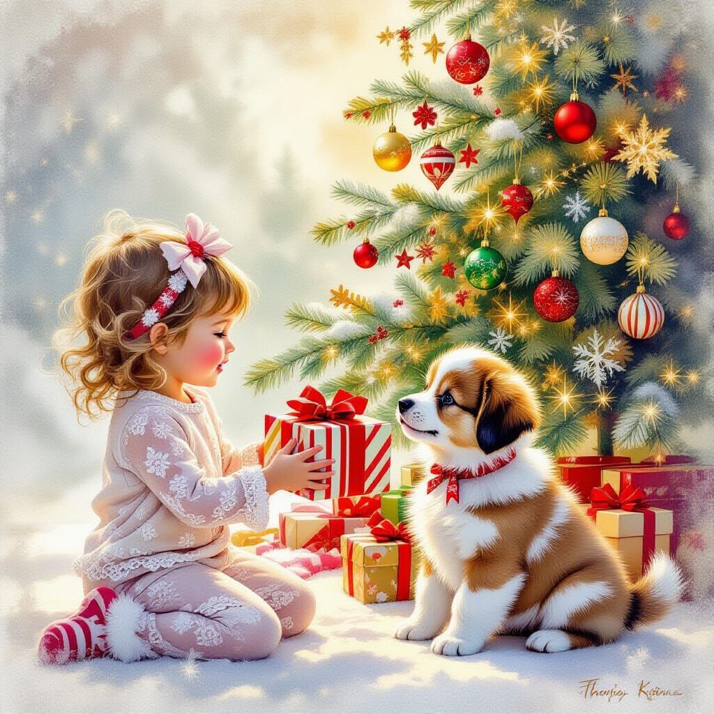 Whimsical Christmas Scene with Toddler and Puppy