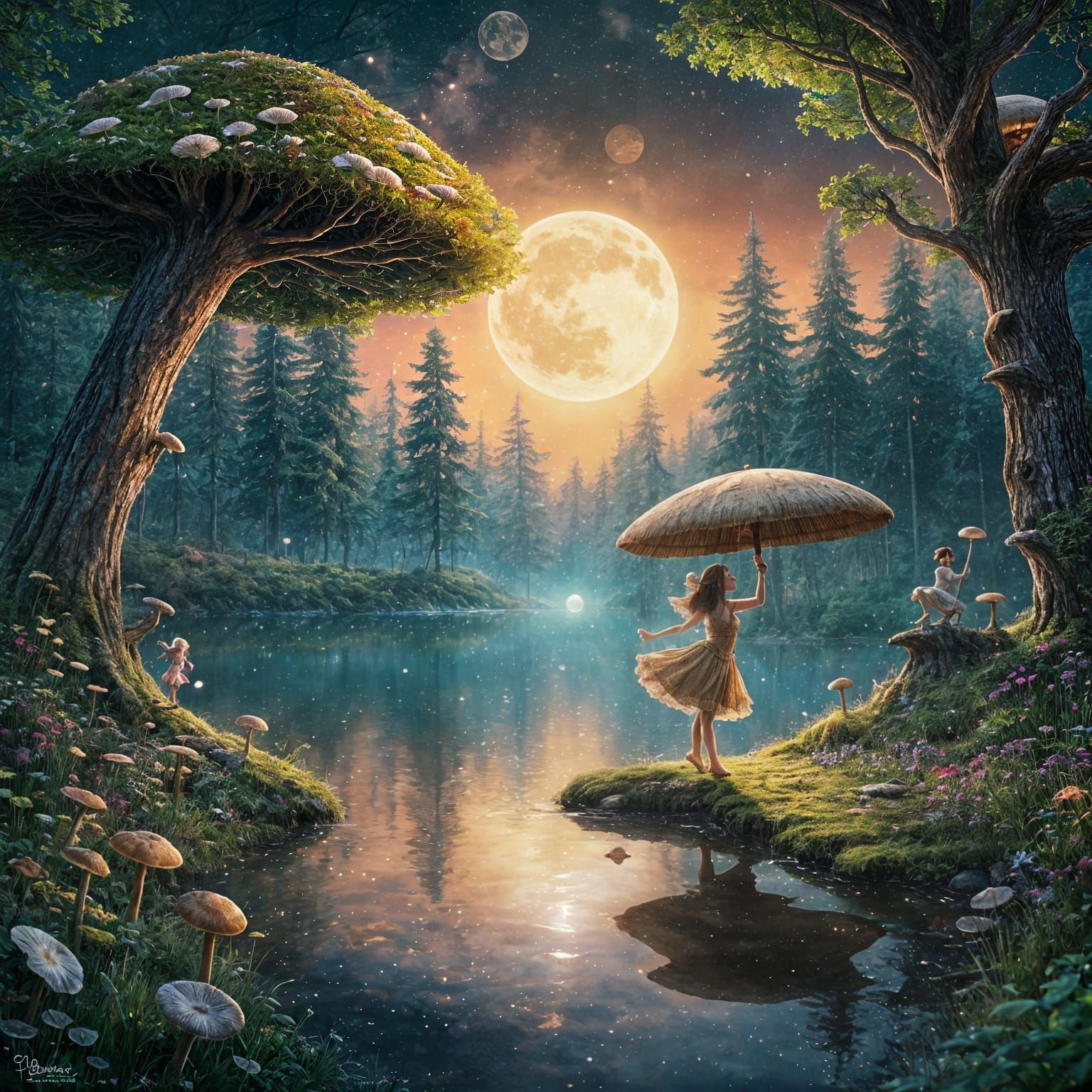 Moonlit Fairy Dance in Enchanted Forest Landscape