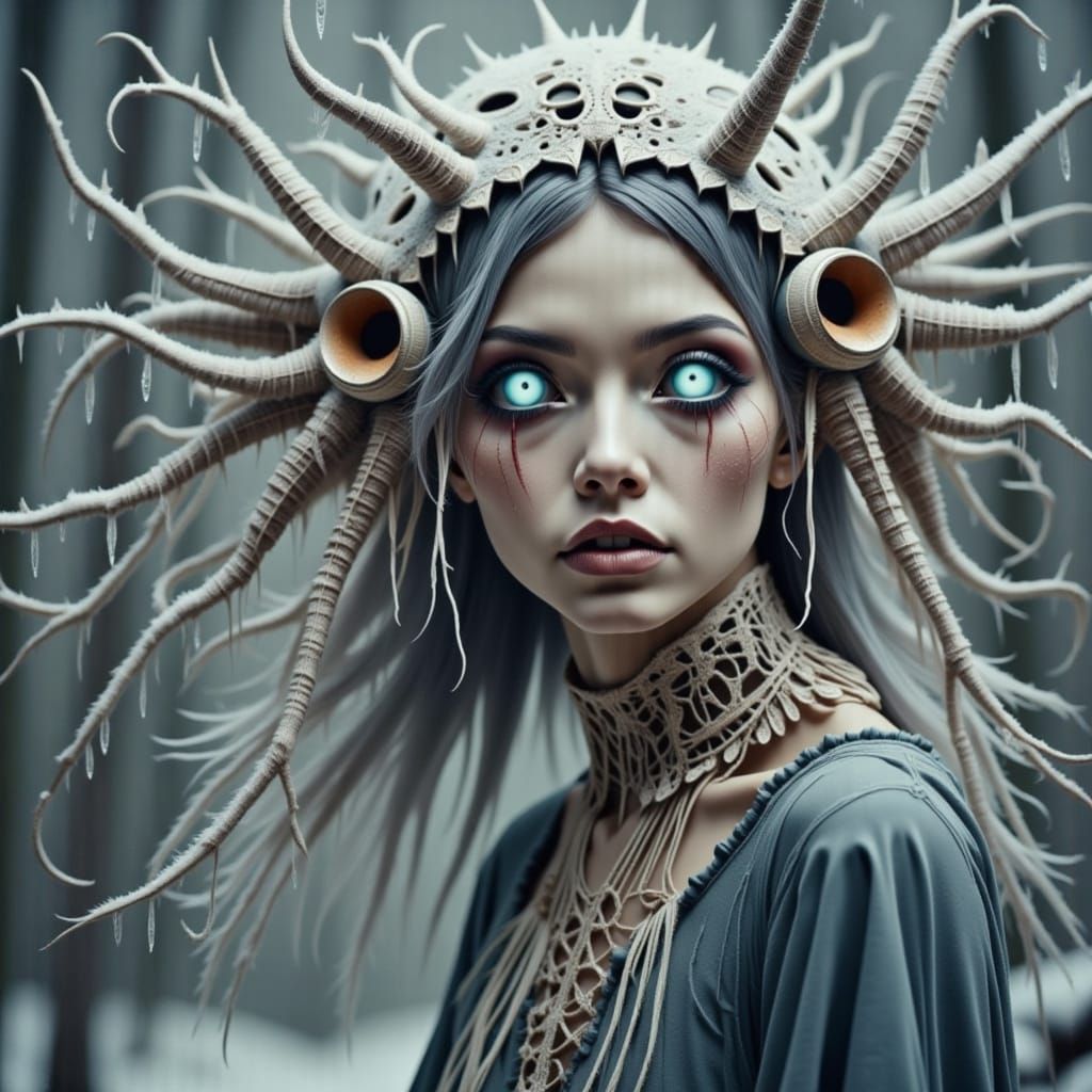 Winter Witch Fae Crone in Hyperrealistic Style